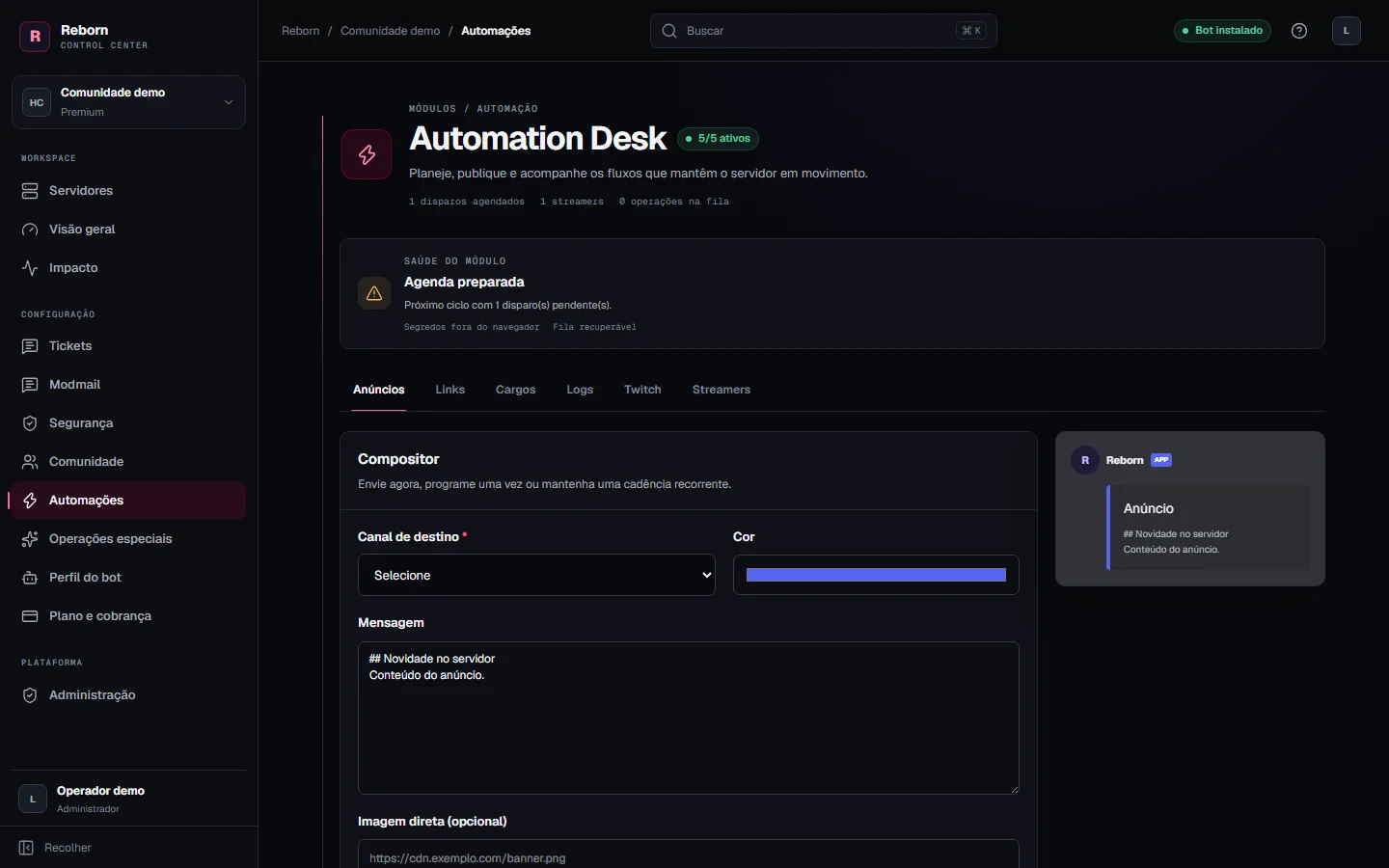 Control Center — Automações, interface real com dados de demonstração.