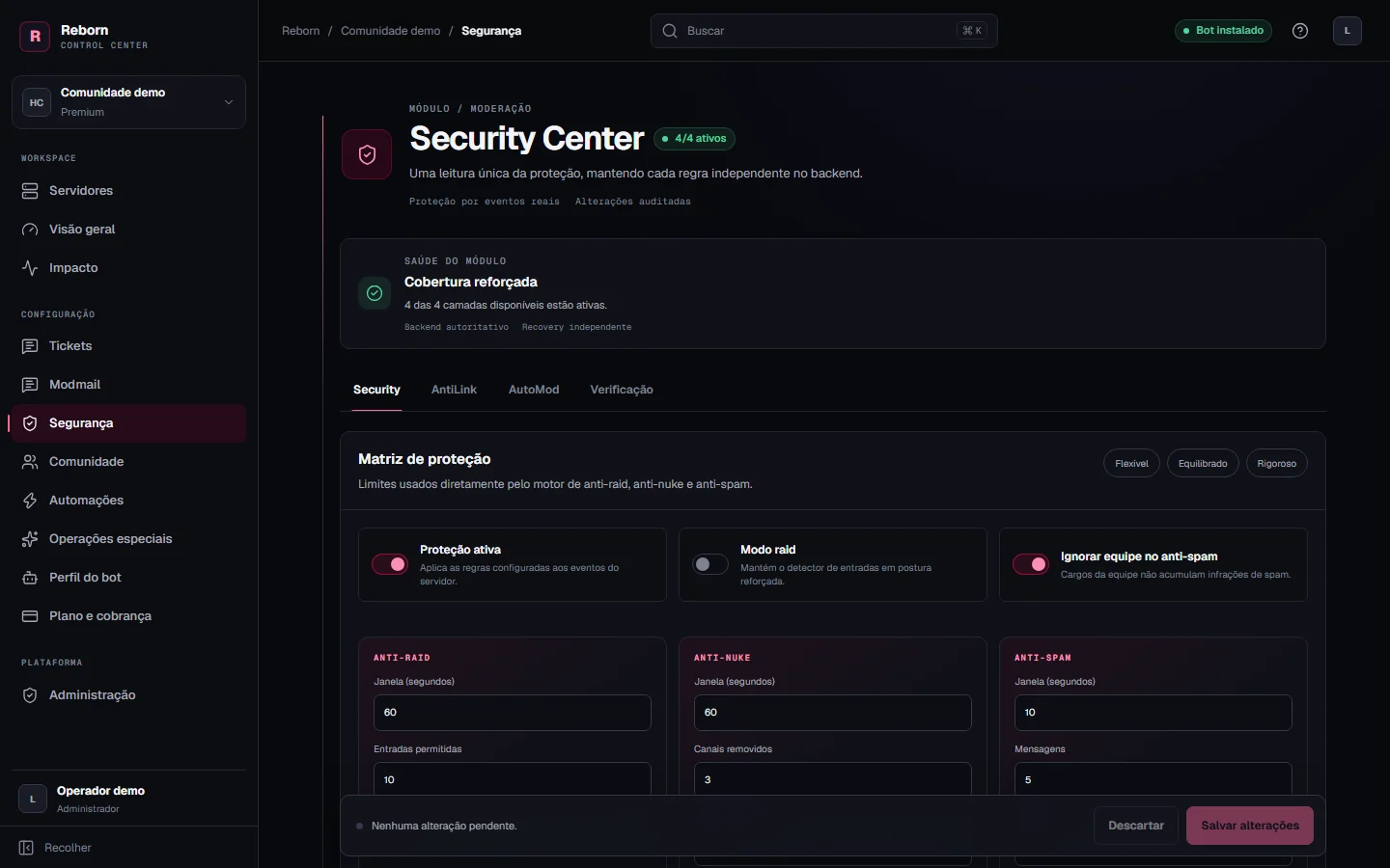 Control Center — Segurança, interface real com dados de demonstração.